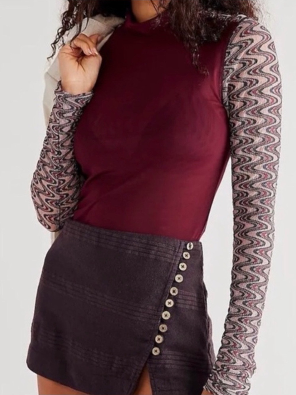 Free People Retro Mesh Long-Sleeve Top in Burgundy